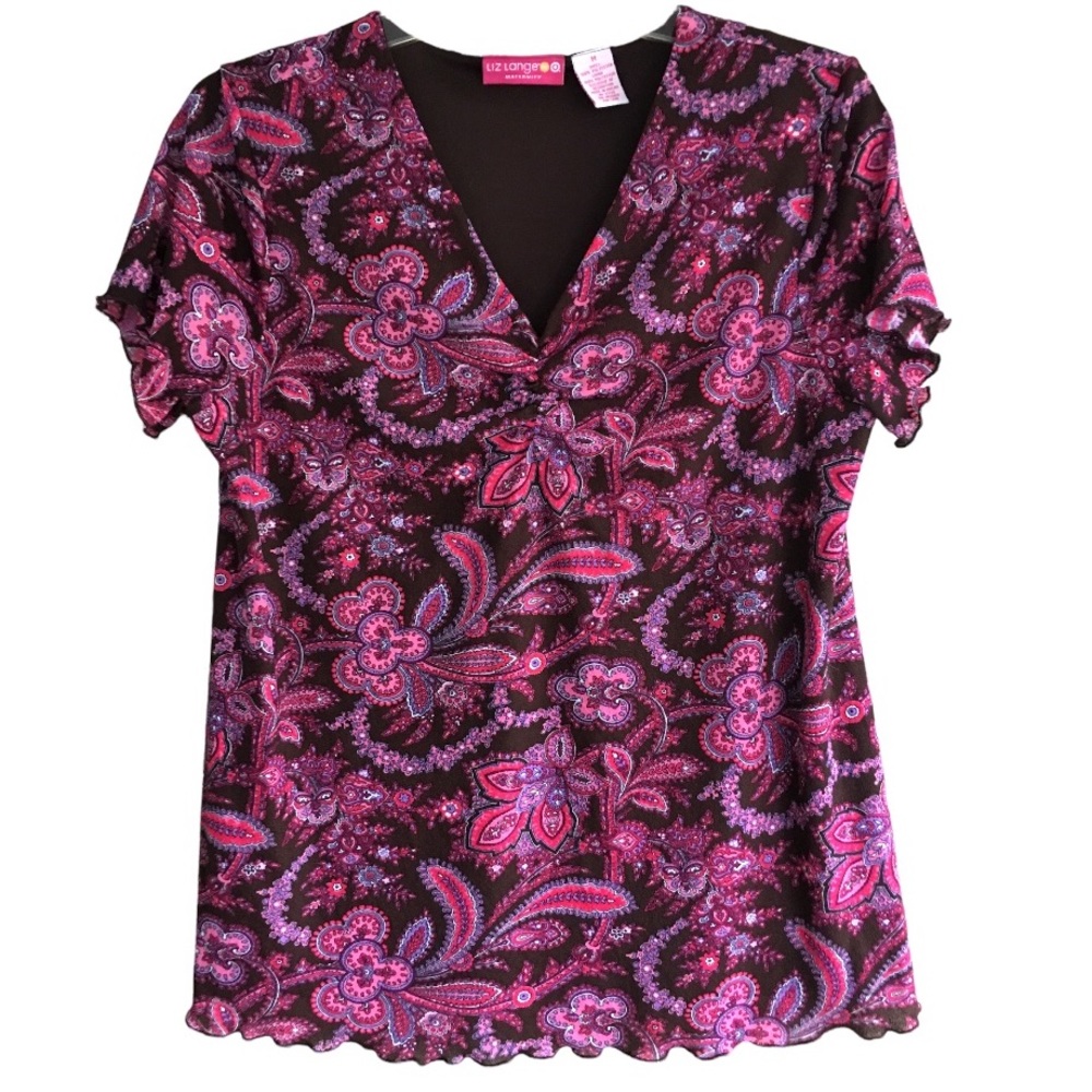 90s Y2K VINTAGE LIZ LANGE Brown & Pink Paisley Maternity Top